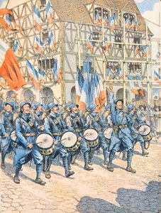 Französisches Militär siegreich in einem Dorf im Elsass während des Ersten Weltkriegs von pseudonym for Onfray de Breville Jacques Job