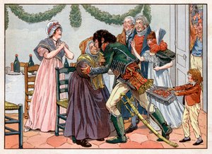 Joachim Murat (1767-1815) küsst seine Mutter im Familiengasthaus. Gravur von Jacques Marie Gaston Onfray de Breville, genannt Job von pseudonym for Onfray de Breville Jacques Job