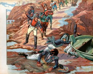 Joachim Murat, gestürzter König von Neapel, 1815 in Pizzo in Kalabrien von der feindlichen Menge gefangen genommen. Gravur von Jacques Marie Gaston Onfray de Breville, genannt Job