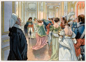 Joachim Murat (1767-1815), damals Gouverneur von Paris, und seine Frau Caroline Bonaparte (1782-1839) empfingen die Gäste bei einer Feier in ihrem Hotel am Place Vendome, Paris. Die Gäste werden von einem Diener angekündigt und verbeugen sich dann vor ihre