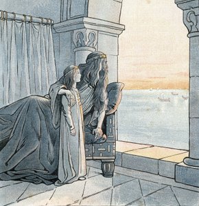 König Karl der Große (742-814) beobachtet die Ankunft der Wikingerschiffe auf der Seine im 9. Jahrhundert. In „Frankreich, seine Geschichte erzählt von G. Montorgueil, illustriert von Job“ 1896. Private Sammlung.
