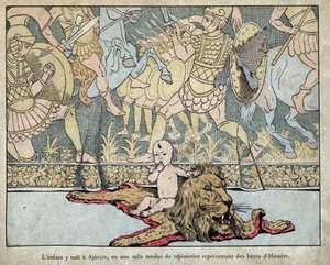Das Kind wurde in Ajaccio 1769 geboren - Lithographie von Job (Jacques Onfroy de Breville) aus „Le Grand Napoleon des Petites Enfants“ 1893 von pseudonym for Onfray de Breville Jacques Job