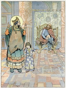 Saint Eloi (ca. 588-659) weist den König von Frankreich Dagobert I (602 oder 605-638 oder 639) darauf hin, dass seine Hose verkehrt herum angezogen ist (Unterhose verkehrt herum). in „Frankreich, seine Geschichte erzählt von G. Montorgueil, illustriert von von pseudonym for Onfray de Breville Jacques Job