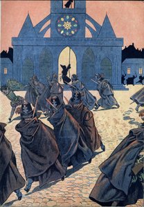 Szene der Geschichte Frankreichs mit Spielzeug: Die Bartholomäusnacht. Ein Mönch läutet die Sturmglocke der Kirche Saint Germain l