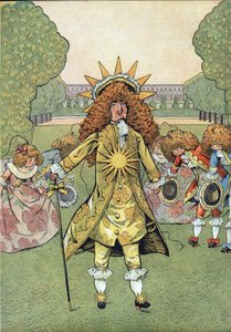 Szene der Geschichte Frankreichs mit Spielzeug: Porträt des Königs von Frankreich Ludwig XIV. (1638-1715), genannt der Sonnenkönig, in den Gärten von Versailles mit seinem Hof, der Reverenz zieht. In 
