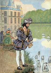 Szene aus der Geschichte Frankreichs mit Spielzeug: König von Frankreich Franz I. (1494-1547) gibt Brot an die Fische im Park von Fontainebleau. In „Joujoux à l