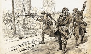 Erschießt sie! Französische Soldaten des Krieges 1914-1918 auf Patrouille, um die Stärke und genaue Lage des Feindes zu erkennen. Nachdem sie die deutschen Truppen gefunden hatten, gaben sie den Befehl zum Feuer, ohne sich um das Risiko zu kümmern, zwische