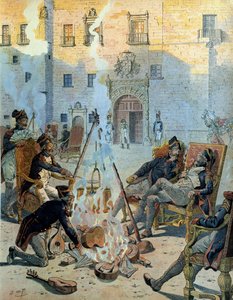 Spanischer Krieg (1808-1813): Die französische Armee von Napoleon I. Bonaparte (1769-1821) in Spanien genießt eine gute Zeit. In „Napoleon“ von Georges Montorgueil. Illustration von Jacques Marie Gaston Onfray de Breville, genannt JOB von pseudonym for Onfray de Breville Jacques Job
