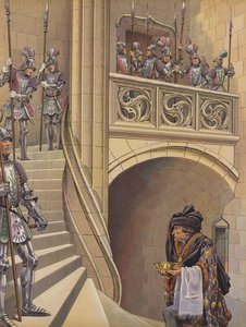 Der Barbier stieg die Treppe zum Gemach des Königs hinauf, vorbei an den zahlreichen bewaffneten Wachen