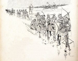 Der Regen setzt die Bogenschützen der Armee des französischen Königs Philipp VI. (1293-1350) außer Gefecht, indem er die Sehnen der Bögen während der Schlacht von Crécy im Jahr 1346 durchnässt. Illustration von Job (Jacques) von pseudonym for Onfray de Breville Jacques Job