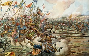 Die Schlacht von Grandson zwischen den Burgundern und den Schweizern in Grandson, Schweiz am 2. März 1476. Illustration von Jacques Marie Gaston Onfray de Breville dit JOB von pseudonym for Onfray de Breville Job