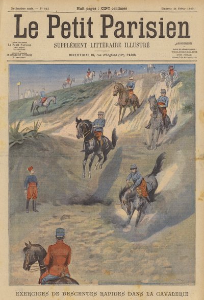 Französische Kavallerie übt schnelle steile Abstiege zu Pferd (Farblithografie) von (after) Carrey