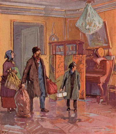 Russische Arbeiterfamilie bezieht nach der Revolution eine bürgerliche Wohnung (Farblithografie) von (after) Carrey