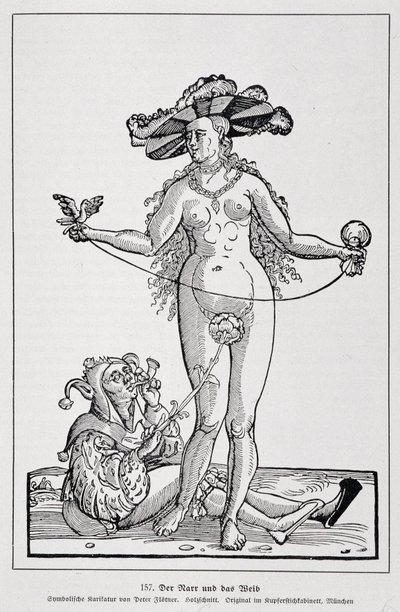 Frau und Verrückter, der seinen Penis mit einer Blume kitzelt, "Der Narr und das Weib", "Geschichte der Erotischen Kunst" von Edouard Fuchs, Berlin von (after) German School