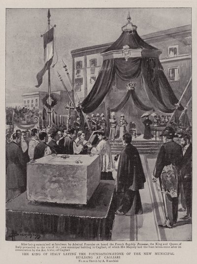 Der König von Italien legt den Grundstein des neuen Rathauses in Cagliari (Lithografie) von (after) Italian School