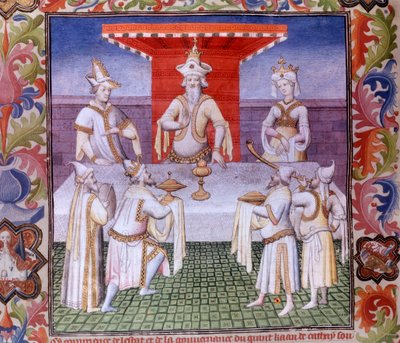 Mahlzeitszene am Tisch des Großen Khan im Land Cathay, Miniatur in „Das Buch der Wunder“ („Devisement of the World“, „Il Milione“), Manuskript fr.2810 (Folio 136), illuminiert vom Meister von Boucicaut und geschrieben von Marco Polo von (and workshop) Boucicaut Master