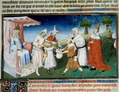 Qubilai (Kubilai Khan, erster Kaiser der mongolischen Yuan-Dynastie (1215-1294)) bezahlt seine Einkäufe mit Münzen aus Maulbeerbaumrinde. Miniatur aus Marco Polos „Das Buch der Wunder“ von (and workshop) Boucicaut Master
