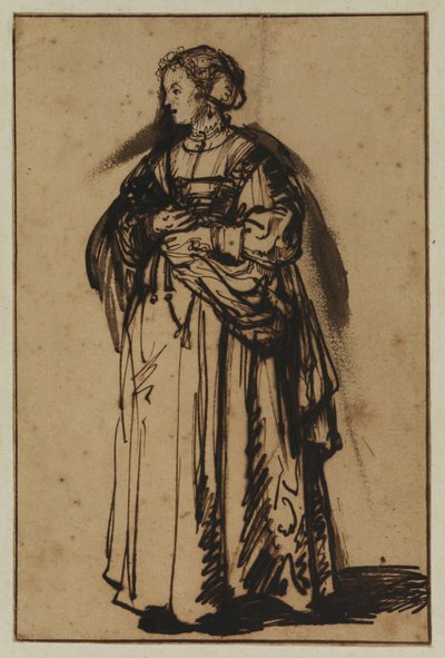 Die Frau des Künstlers, Saskia, stehend und Blumen in den Händen haltend von (workshop of) Rembrandt Harmensz. van Rijn