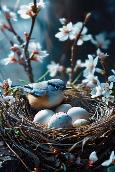 Vogel, der Eier ausbrütet, umgeben von weißen Blumen von F. Abderrahim