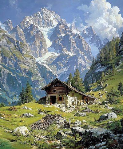 Blockhütte in den Schweizer Alpen im Frühling von F. Abderrahim