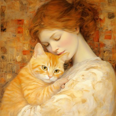 Junge Frau umarmt ihr Kätzchen im Bloch-Bauer-Stil, Custom Canvas Prints von F. Abderrahim