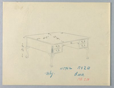 Entwurf für einen Bibliothekstisch mit Löwenpfoten von A.N. Davenport Co.