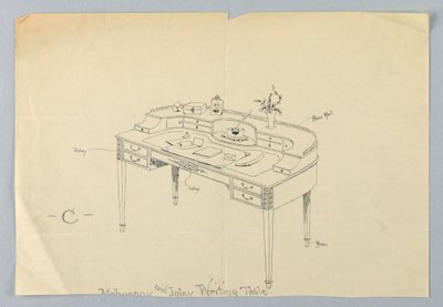 Entwurf für halbkreisförmigen Schreibtisch "C" mit Messingfüßen und Messinggeländer von A.N. Davenport Co.