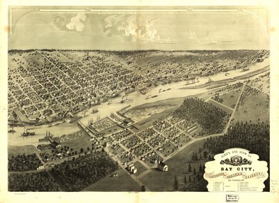 Vogelperspektive von Bay City, Portsmouth, Wenona & Salzburg, Bay Co., Michigan 1867 von A.; Chicago Lithographing Co. Ruger