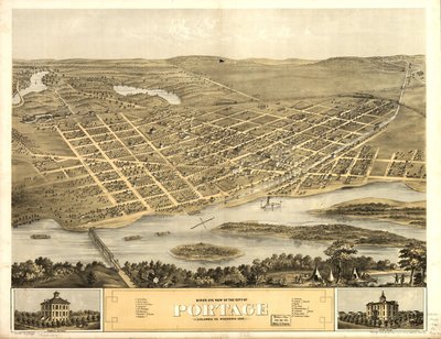 Vogelperspektive der Stadt Portage, Columbia Co., Wisconsin 1868 von A.; Chicago Lithographing Co. Ruger