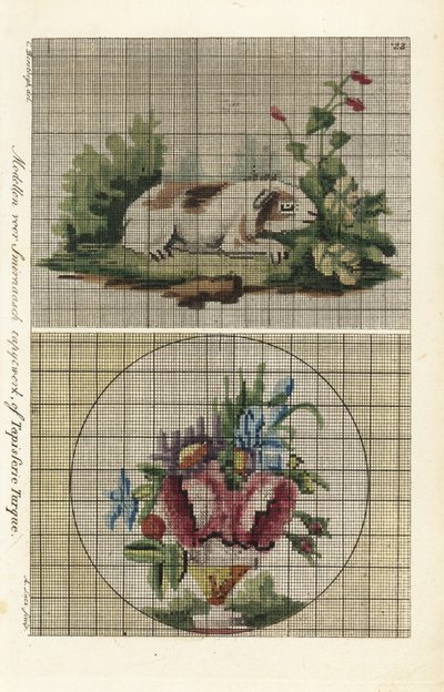 Muster für türkische Wandteppiche: Meerschweinchen in einem Garten und Blumenstrauß in einer Vase von A. Lutz
