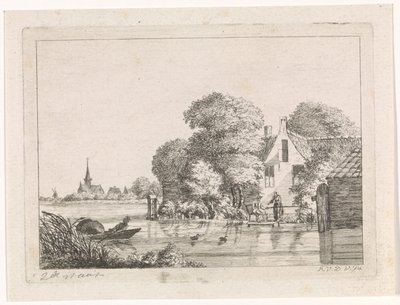 Angler und eine Frau vor einem Haus von A. van de Velde