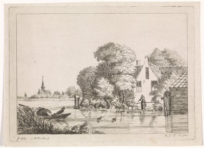 Angler und eine Frau vor einem Haus von A. van de Velde