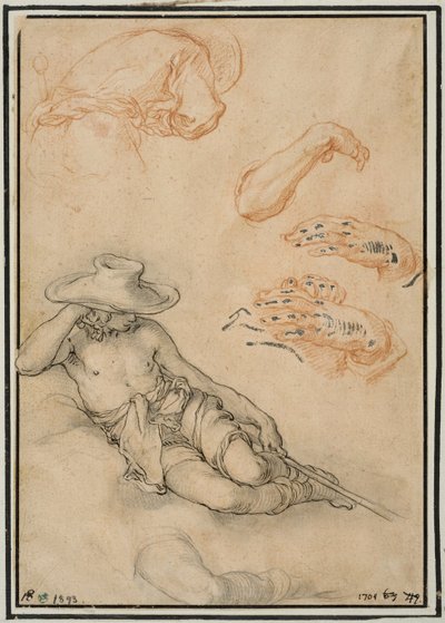 Ein ruhender Hirte, separate Studien seines Beins und Arms, ein von hinten gesehener Mann und zwei Hände von Abraham Bloemaert
