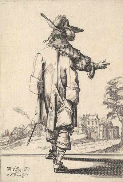 Ein Herr, von hinten gesehen, mit ausgestrecktem rechten Arm und einem Umhang über der linken Schulter von Abraham Bosse
