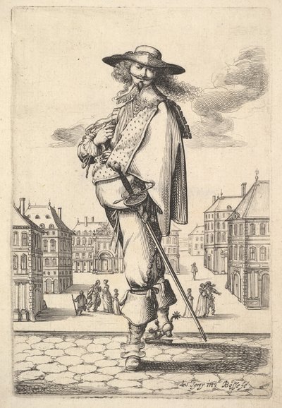 Ein Herr, dreiviertel nach links gedreht, trägt einen Hut und Stiefel mit Sporen, 1629 von Abraham Bosse