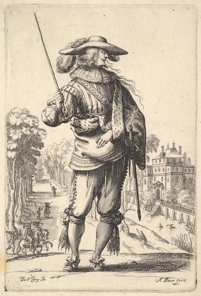 Ein Herr mit nach rechts gedrehtem Kopf im Profil, mit einem Federhut und einem ..., 1629 von Abraham Bosse