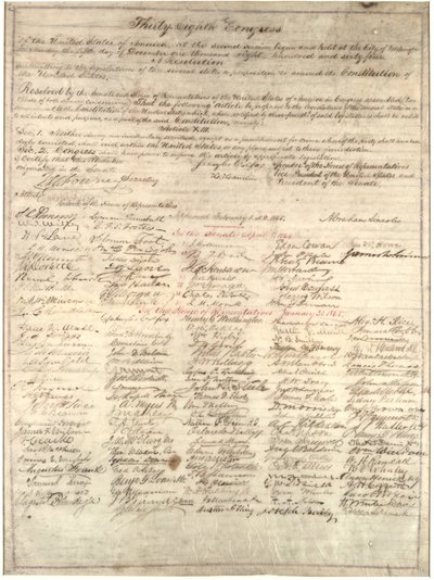 Kongresskopie der Dreizehnten Änderungsresolution, 1. Februar 1865 von Abraham Lincoln