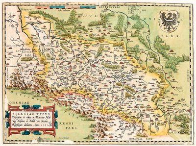 Silesia Typus Descriptio und Descriptus et editus Martino Heilwid Neilsense, und Nobili viro Nicolao Rhedinger dedicatus Anno 1561. Geographische Karte des Gebiets südlich von Frankfurt in Deutschland nahe Polen aus „Theatrum Orbis Terrarum“ von Abraham Or von Abraham Ortelius