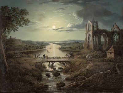 Mondscheinblick auf den Fluss Tweed mit der Melrose Abbey im Vordergrund und Figuren auf einer Brücke von Abraham Pether
