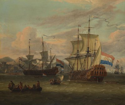 Holländische Straßenfahrer bei einem Hafen am Mittelmeer von Abraham Storck
