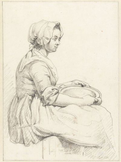 Sitzende Frau mit einer Schüssel auf ihrem Schoß, nach rechts von Abraham van Strij (I)