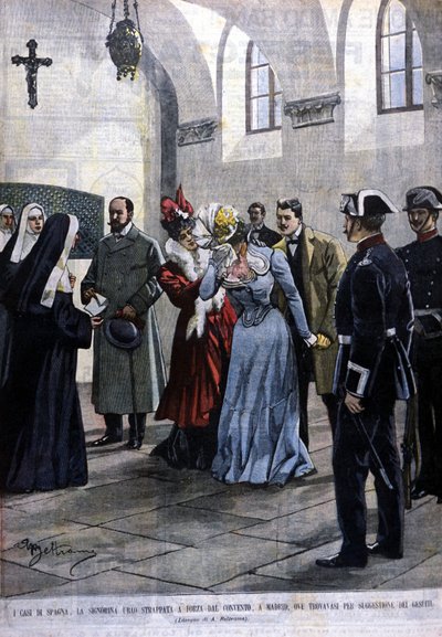 A Madrid, une jeune femme, Mademoiselle Ubao, est arrachée à la vie de religieuse dans un couvent où elle se trouvait par suggestion des Jesuites. Illustration von Beltrame. La Domenica del corriere. 1901 von Achille Beltrame