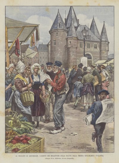 Auf dem Markt von Amsterdam, die Ankunft der Gesundheitsbulletins der Königin Wilhelmina der Niederlande von Achille Beltrame