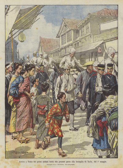 Ankunft der ersten verwundeten Soldaten, die an der Schlacht von Ya-lu am 1. Mai teilnahmen, in Tokio von Achille Beltrame