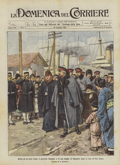 Ankunft eines russischen Helden, General Stoessel, und seiner Frau in Japan nach der Kapitulation von Port Arthur von Achille Beltrame