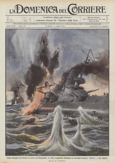 Heftige Schlacht um die Dardanellen, Minen versenken das Schlachtschiff von Achille Beltrame