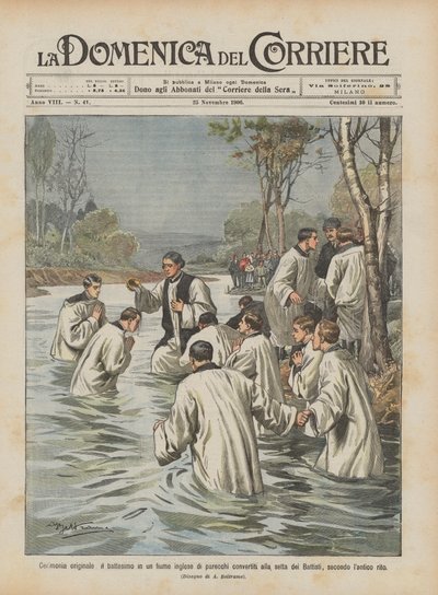 Originelle Zeremonie, die Taufe mehrerer Konvertiten in einem englischen Fluss von Achille Beltrame