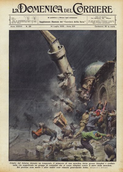 Vom Blitz getroffen während eines Sturms, das Minarett einer türkischen Moschee bei Istanbul von Achille Beltrame