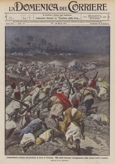 Nachtkampf im Vollmond von März in der Cyrenaika, 2000 Rebellen greifen das Lager an von Achille Beltrame