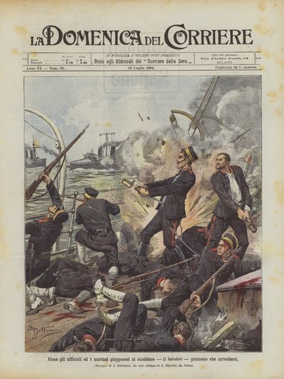 Wie sich japanische Offiziere und Matrosen das Leben nehmen, Harakiri, anstatt sich zu ergeben von Achille Beltrame